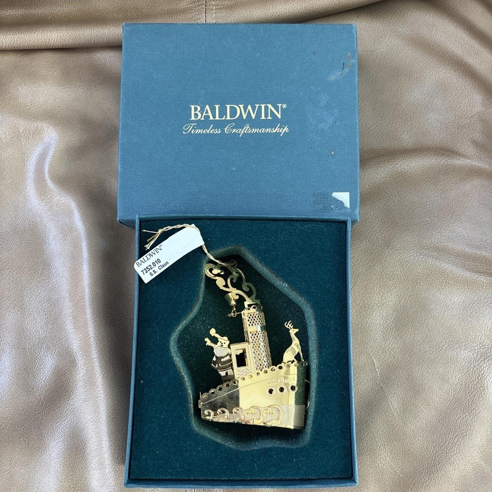 VTG Baldwin Brass SS Claus Steam Boat Christmas Ornament‎ Gold Finish New In Box
